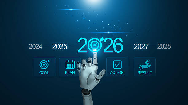 AI robot hand sets 2026 target, highlighting business and life goals with plan, action and result icons on a digital timeline. Perfect for strategy, growth, OKR, KPI, productivity, and transformation.