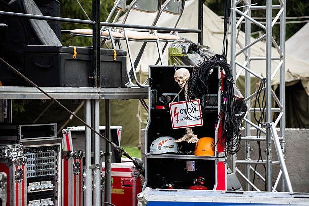 Grodno, Belarus - May 03, 2015 - Outdoor event equipment with skeleton and cables.