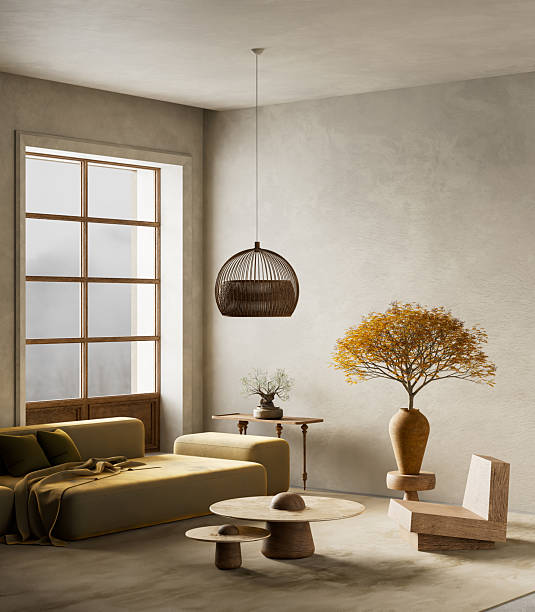 istock Warm Japandi living room interior design. 3D illustration 2233619071