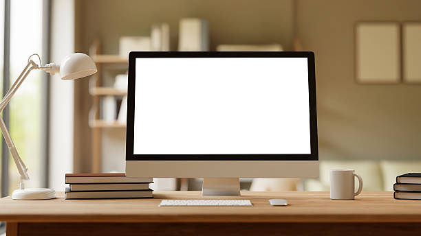 istock Contemporary 3D illustration of workspace with computer, bookshelf background 2233619095