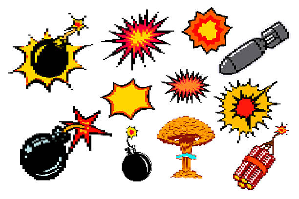 Set of mosaic vintage explosion icons. Pixel bomb icons. Vector illustration