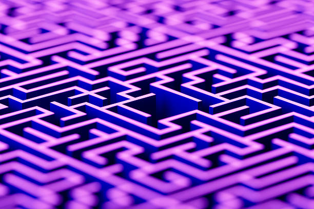 A digitally generated image depicting the center of an empty maze illuminated by soft neon lights. The clean, symmetrical view emphasizes clarity and structure within complexity. Ideal for concepts such as decision-making, strategic thinking, problem-solving, and finding one’s path in intricate systems.