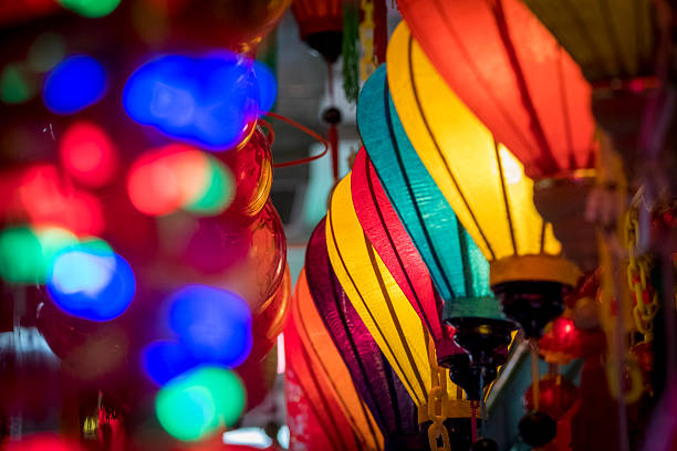 Close-up of multi colors Chinese New Year Lanterns with blur or bokeh background and copy space