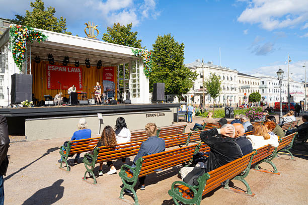 Helsinki, Finland. August 27 2025. view of the people watching live exhibition in Espan lava in the city center