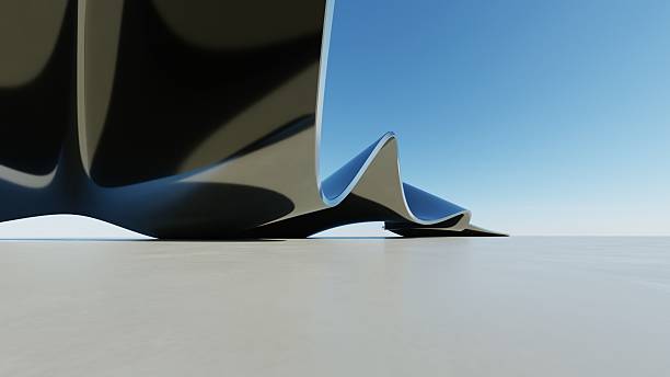 istock 3d illustration of abstract wavy architecture background, Minimal curved geometry architectural design, Car presentation backdrop with empty concrete floor, Flowing geometric glass building design 2233643445