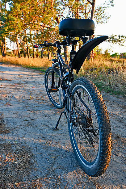 Dnipropetrovsk region city Novomoskovsk Ukraine 08.25.2025. Mountain bike on a forest ride during sunset from different angles.