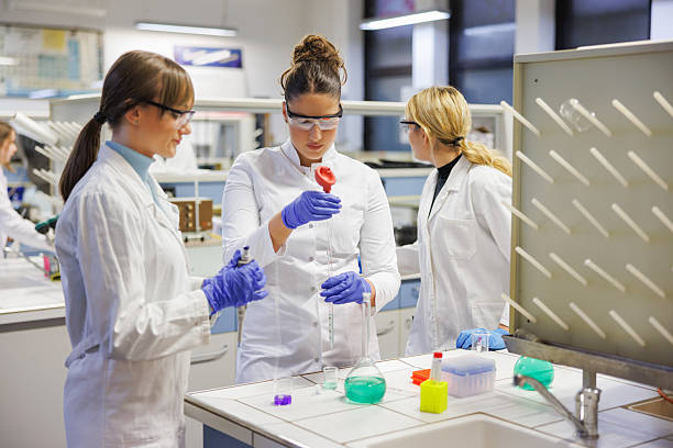 istock Female students in practice class in lab, wearing lab coats, protective eyewear and gloves 2233649791