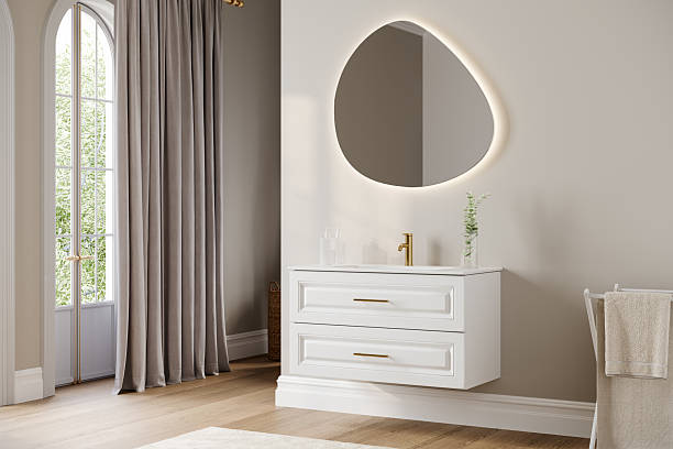 istock Modern minimalist bathroom interior with natural light, elegant vanity, and illuminated mirror, perfect for architecture and mockup use, 3D render. 2233654837