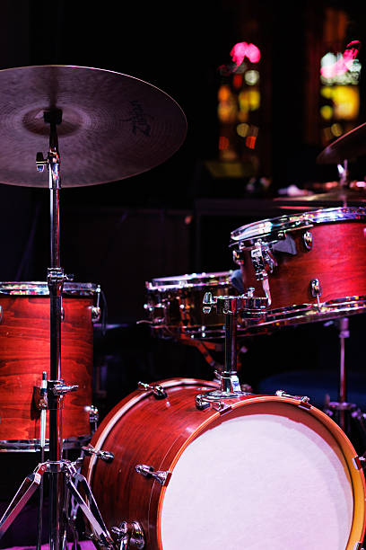 Acoustic Drum Set on a Dimly Lit Stage in Calm Ambiance