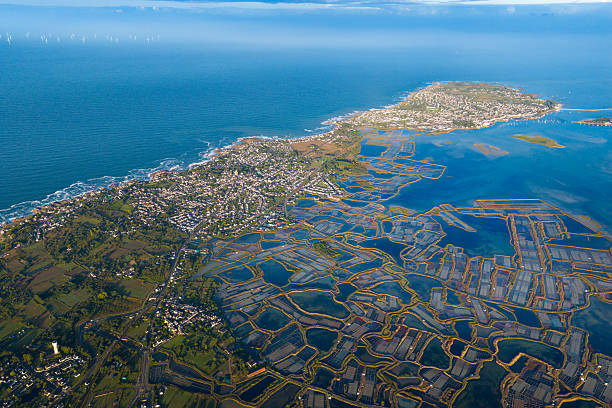 Aerial view of the beautiful salt marshes and salt production in Guerande France on the Atlantic Ocean