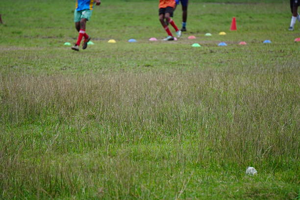 Football Grass Training Field. Soccer Equipment on Grass Pitch. Red Soccer Training Marker. Running Player in the Background
