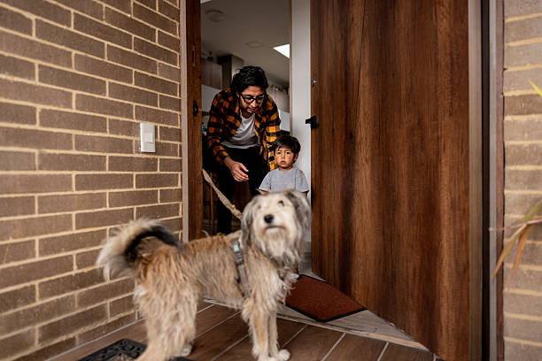 istock Father and son leaving home with their dog 2233671380