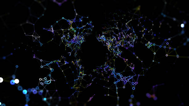 istock Futuristic scientific physics concept with color polygonales. Abstract background lines connecting circles in quantum chaos dark defocus. 2233671434