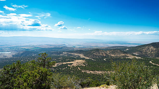 From a mountain overlook, the camera captures an expansive high desert valley stretching endlessly into the horizon. Arid hills roll beneath a vast blue sky, while scattered patches of green dot the brown terrain. Twisting dirt roads weave through rugged foothills, suggesting remote trails or ranch access points. The sky bursts with late summer clarity—clouds drifting lazily overhead as the distant plains fade into a bluish haze. This image embodies the scale, solitude, and raw beauty of the American Southwest, likely within Colorado’s canyon country.