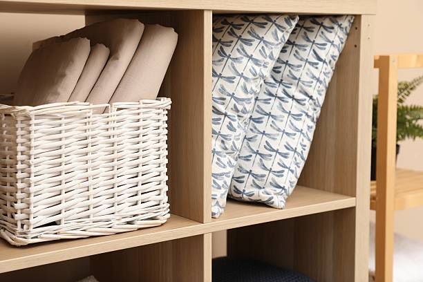 istock Different home textile on shelving unit indoors, closeup 2233676903