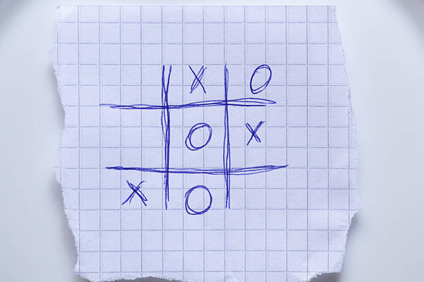 Tic Tac Toe Game Drawn on Checkered Paper Lying on White Background, Tic Tac Toe Game