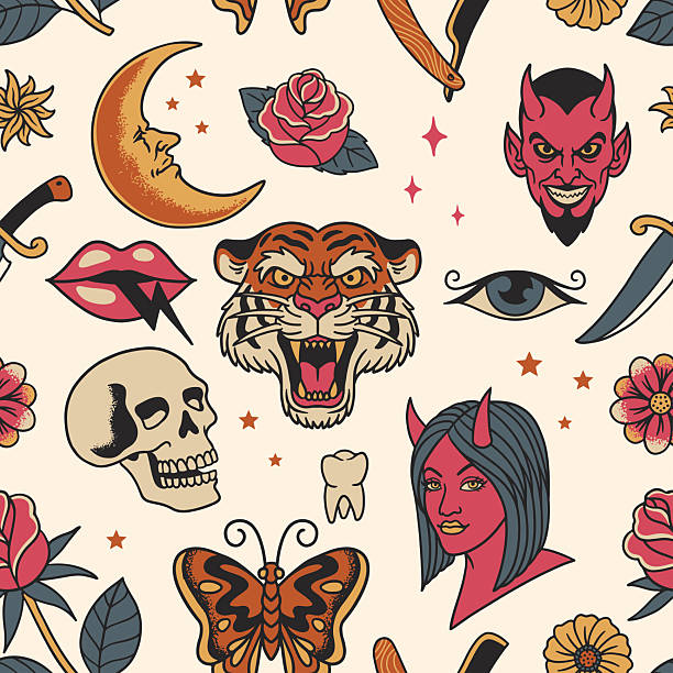 Vector of Seamless Pattern of Vintage Flash Tattoo Illustration