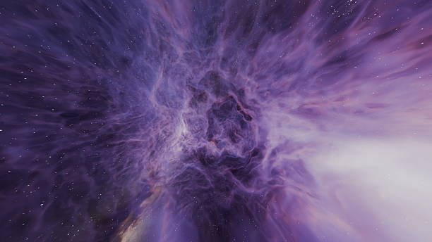 Vibrant purple hues swirl within a cosmic nebula, showcasing a celestial landscape adorned with stars. scene captures the beauty of vast space and distant galaxies. 3d render