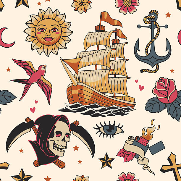 Vector Seamless Pattern of Retro Vintage Tattoo Design