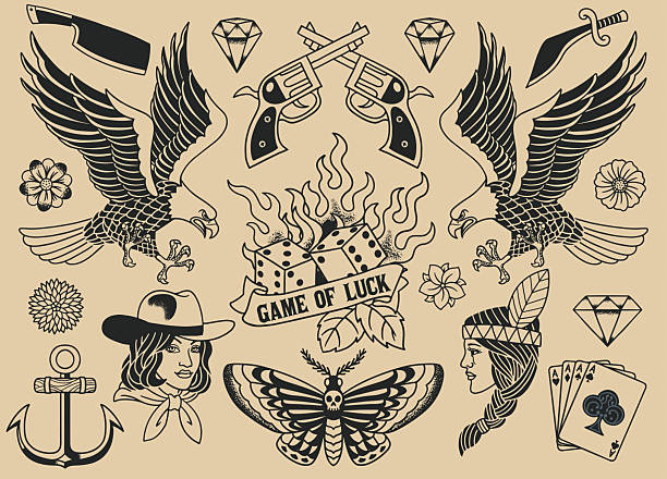 Vector Design Set of Vintage Flash Tattoo Black and White