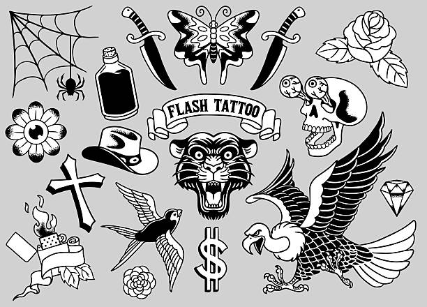 Vector of Set Of Various Vintage Flash Tattoo Collection Black and White