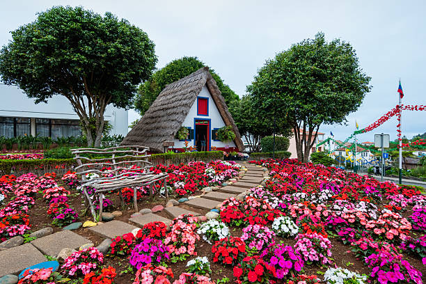 Traditional Thatched House in Santana, Madeira on a cloudy day.