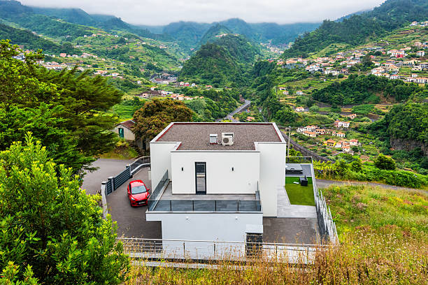 New house in Sao Vicente, Madeira on a cloudy day.