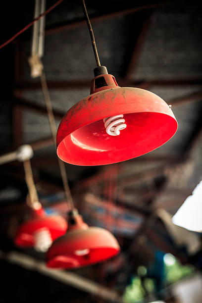 Red lamps are hanging from the ceiling in a farm shed, creating a warm and rustic atmosphere