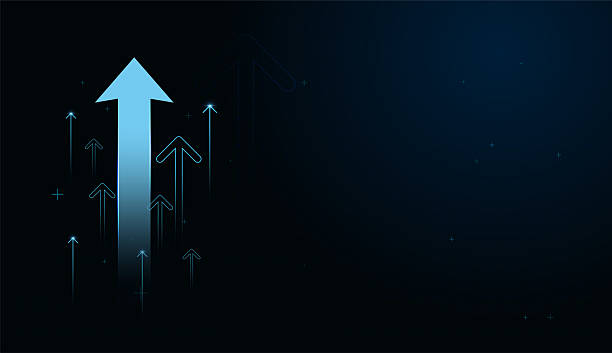 istock Glowing blue arrows ascend on a dark background, representing innovation, achievement, and the pursuit of higher goals. with blue arrows lines forward vector illustration 2233695966