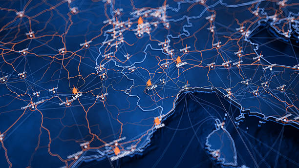istock Turin map big data visualization. Futuristic map infographic of city in Italy. Visual map data complexity in modern blue and orange colors 2233697225