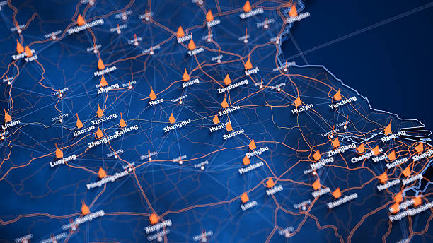 istock Huaibei map big data visualization. Futuristic map infographic of city in China. Visual map data complexity in modern blue and orange colors 2233697266