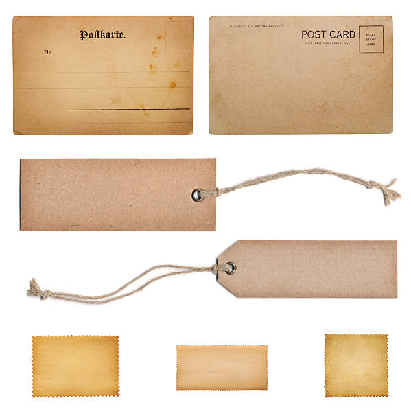 Postcard, old envelope, postage stamp and vintage label, tag isolated on white background. A good set on the theme of retro, vintage, nostalgia, history.