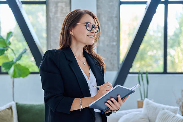 istock Middle-aged confident business woman with notebook, profile view 2233707878