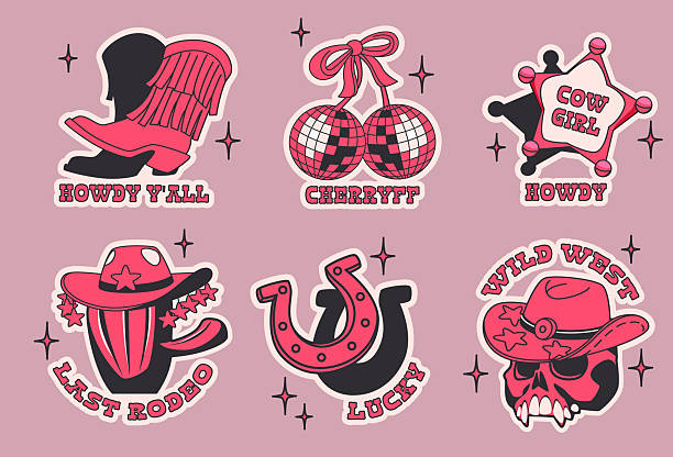 Red and black disco cowgirl stickers - western boots, cherry mirror balls tied by ribbon, sheriff badge and cactus wearing hat, horseshoe and skull designs. Retro country graphics for party decor.