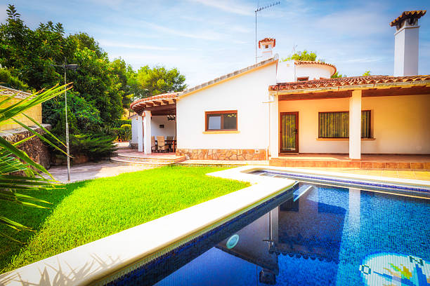External view of a modern house with pool at dusk
