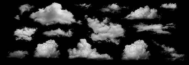 istock Clouds set isolated on black background. White cloudiness, mist or smog background. 2233710655