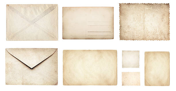 Ancient papers collection: letterhead, envelope, postcard, postage stamp, tag label, old paper blank isolated on white background. Retro style design.