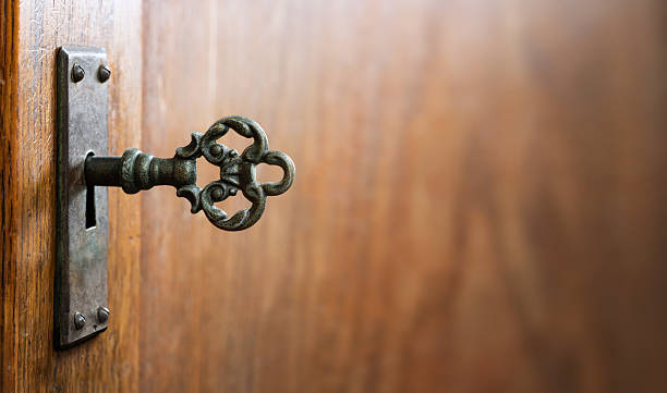 istock Old key in keyhole, macro shot. Gothic style. Key to knowledge. Concept and Idea for History, education, security, imprisonment, dungeon, prison background. 2233710686