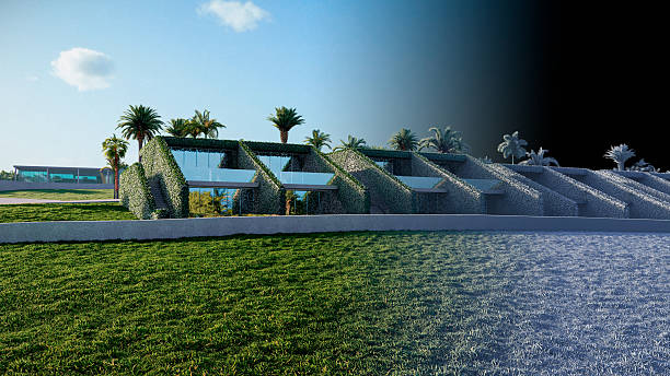 istock Render vs Black and White 3D Model, Modern Green Holiday Large Luxurious Villas with vertical gardens, terraces and glass facades, surrounded by tropical landscape with palm trees 2233712544