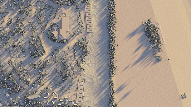 A high-resolution Digital 3D Model of a residential complex at the beach showcasing an organized green community with roads, modern structures, and lush vegetation, offering an idyllic, peaceful, and contemporary environment