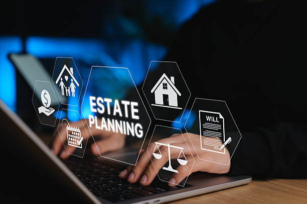 istock Estate Planning and Will Preparation Concept. Person using laptop with icons representing estate planning, including house, family, legal scale, and will document, asset management, inheritance plan, 2233722540
