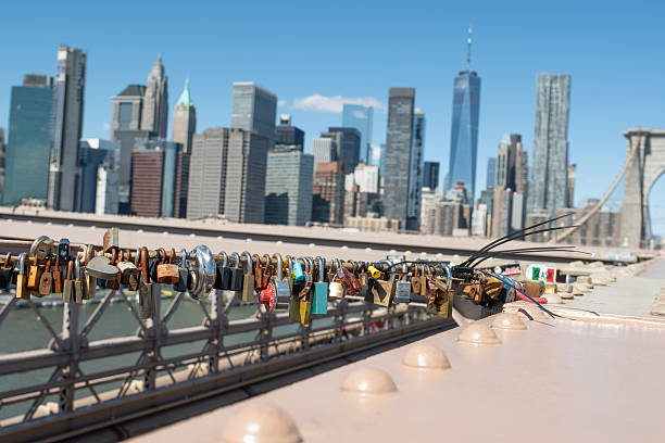 Locks on Brooklyn Bridge with a view of Lower Manhattan Skyline