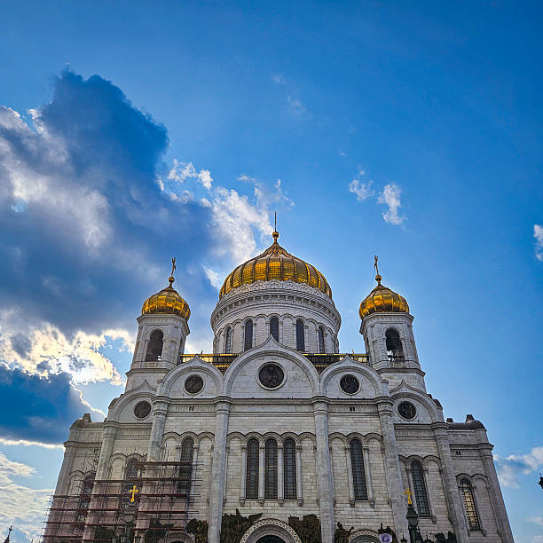 Low-angle view of the Cathedral of Christ the Savior in Moscow, highlighting its grandeur and architecture