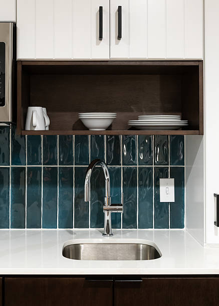 istock A kitchen faucet detail with a blue tiled backsplash. 2233731362