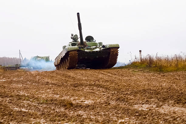 istock T-72 tank testing at proving ground overall view with hull and turret details. 2233739128