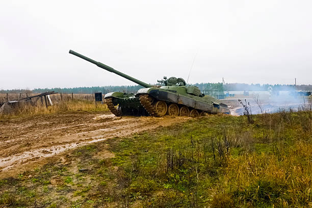 istock T-72 tank testing at proving ground overall view with hull and turret details. 2233739132