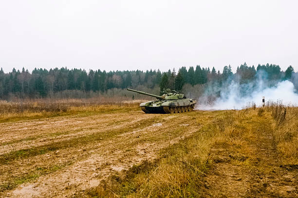 istock T-72 tank testing at proving ground overall view with hull and turret details. 2233745510