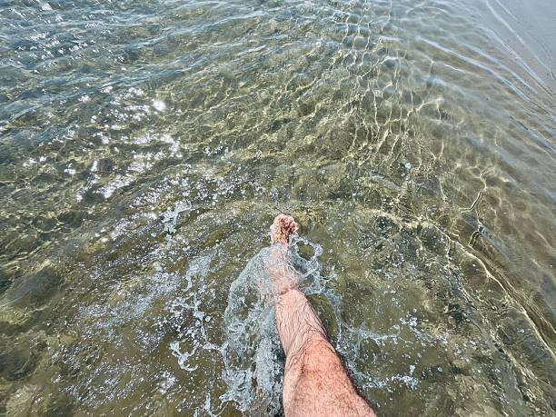 Male leg while walking in sea water