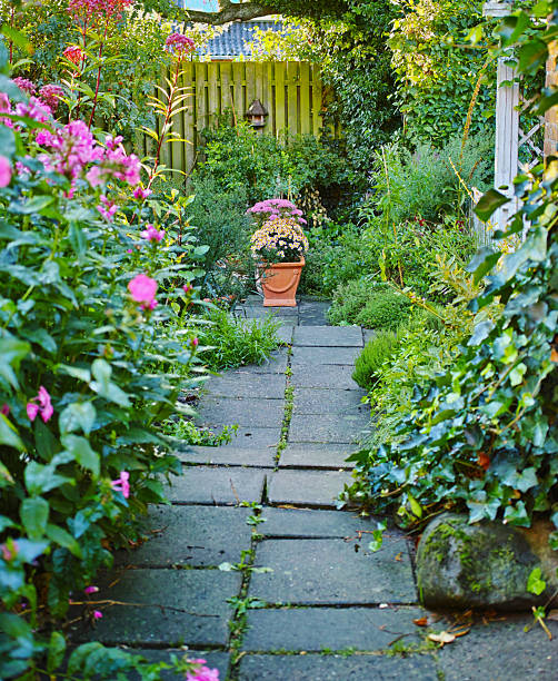istock Peaceful garden path surrounded by lush vegetation and blooming flowers 2233753039