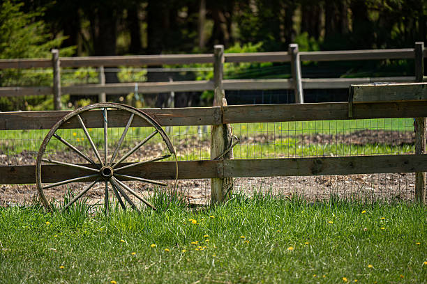 old cart wheel leaning against an old rustic fence on horse ranch.